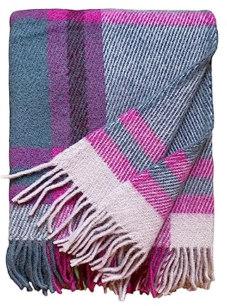 JOWOLLINA WOOLONLY 100% Lammwolle Wolldecke Plaid Karo Schottenmuster Tartan (Multi Pink, 150x205 cm)