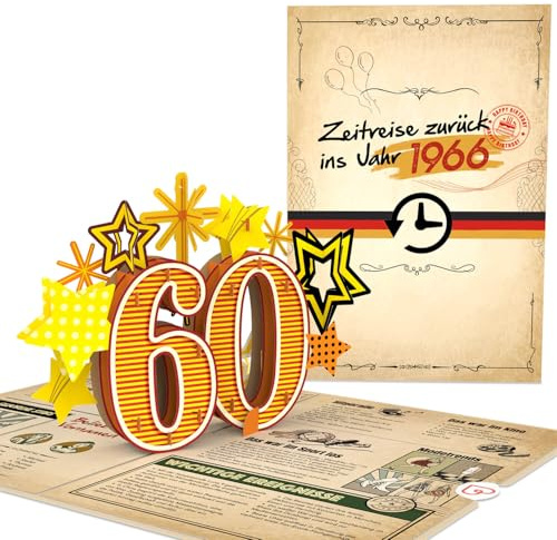 papercrush Pop-Up Karte „Zurück ins Jahr 1966“, Lustige 3D Geburtstagskarte | Glückwunschkarte zum 60. Geburtstag für Frau & Mann, Besondere Geschenkkarte zum 60jährigen mit lustigen Fakten zum Jahrgang