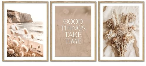 ARTFAVES® Poster Set - Boho Summer Trio - 3-teilige Bildercollage Wohnzimmer, Schlafzimmer - moderne Wandbilder Beige, Trockenblumen, Pampasgras - 30x40 cm - mit Rahmen Eiche