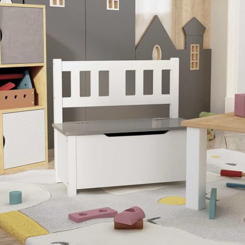Runheo Barnbänk med förvaringsutrymme MDF vit grå 60 x 30 x 55 cm sittbänk, förvaringslåda för barnrum, babyrum, organisering och ordning för leksaker och utrustning