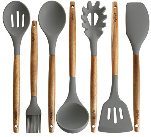 Silicone Cooking Utensils | Wooden Handle, Non-Stick Cookware Heat Resistant Kitchen Utensil Spatula, Slotted & Solid Spoon, Soup Ladle, Slotted Turner and Spaghetti Server,| Acacia Wood - Dark Gray