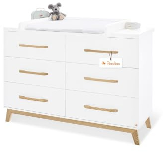 Pinolino Wickelkommode Riva extrabreit, inkl. abnehmbarem Wickelaufsatz, für Babys und Kleinkinder, aus weißem MDF und massiver Esche