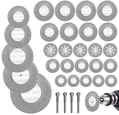 KINDPMA 32Pcs Mini Diamond Cutting Disc Glass Cutting Disc Diamond Cutting Wheel Cut Off Discs for Dremel Rotary Tool with Mandrels 16/20/22/25/30/40/50/60mm for Metal Glass Porcelain Gem Stones