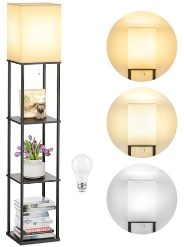 SHINE HAI Floor Lamps with Shelves for Living Room, 3-Tier Square Modern Standing Lamp with 3CCT Bulb, 11W 950LM Brightness, Tall Shelf Lamp for Bedroom, Office, Bookshelf & Display Organizer