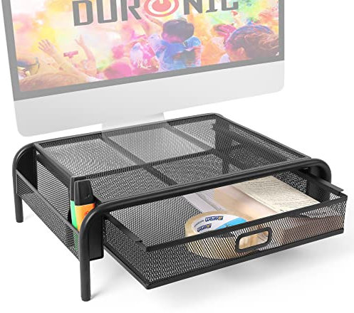 Duronic DM072 Elevador para Pantalla|Con cajón para objetos y Superficie de 33 x 29.5 cm | Hasta 10kg | Metal negro | Soporte ergonómico para Oficina Escritorio Ordenador Portátil Televisor