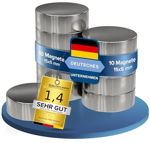 10x Neodym Power Magnet silber - Scheibenmagnet extra stark rund - Durchmesser 15x5mm hoch - starke Magneten Supermagnet - Haftkraft ca. 5 kg - Magnete für Whiteboard, Pinnwand, Magnettafel, Werkstatt