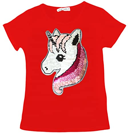 Flickor enhörning paljetter t-shirt borste byte paljett T-shirts sommar kort Sleeeve topp Tee 3-14 år