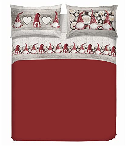 PENSIERI DELICATI Completo Letto Matrimoniale, Flanella 100% Cotone Caldo e Morbido, Completo Lenzuola 2 Piazze 180x200cm, Include Lenzuolo Sotto, Sopra e 2 Federe, Made in Italy, Fantasia Gnomi Rosso