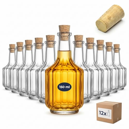 gouveo Juego de 12 botellas de vidrio 200 ml “Rustica” con corcho (SK) - Pequeñas botellas de vidrio con corcho - Botella de diseño para llenar licor, vino, aceite (RFR200SK)