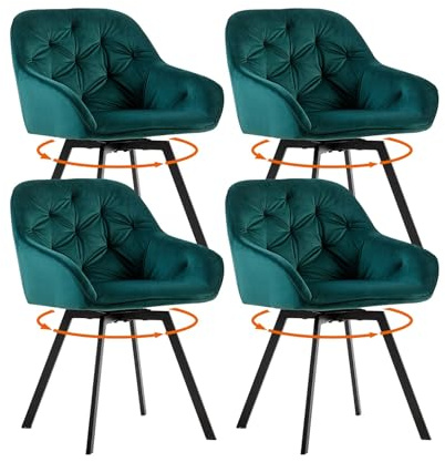 LEMROE 360° Swivel Dining Chairs Set of 4, Velvet Upholstered Chair Green | Rotating Dining Room Chairs with Black Metal Legs, Wide Seat and Ergonomic Backrest for Home Apartment Office Living Hotels