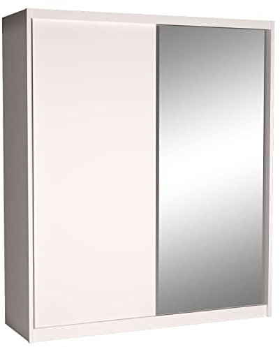 Cool24 Maciej I Kleiderschränke - Modern Schwebetürenschrank - Kleiderschrank mit Spiegel - Schlafzimmerschrank 208x240cm mit 12 Regale - Kleiderschrank Weiß - Schrank Schlafzimmer