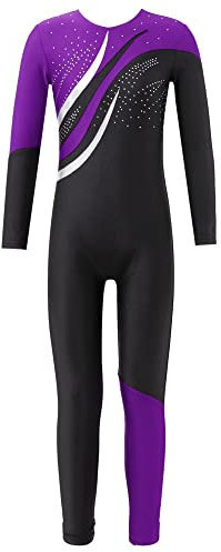 iEFiEL Mädchen Langarm Turnanzug Zweifarbig Ganzkörperanzug Sportlich Body Kinder Glitzer Gymnastikanzug Tanzkostüm Tanzanzug Violett 170-176