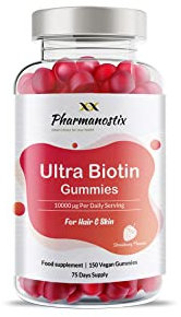 Pharmanostix Ultra Biotin 5000 mcg vegane Gummis, 10.000 mcg pro Tagesdose, zur Unterstützung von Haar, Haut und Nagelwachstum, 150 natürliches Erdbeer-Geschmack, 75 Tage Vorrat, für Männer und Frauen