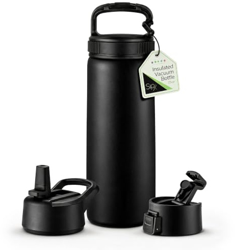 SIPX™ 25 oz Insulated Water Bottle with 3 Lids – Leakproof Stainless Steel, Triple Insulated – Cold 24 Hours/Hot 12 Hours – Durable Bottle for School, Gym, Travel – Black