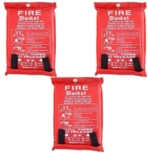 ProBytes FibreGlass Fire Safety Regulation Blanket - 1 x 1 Metre, Flame-Retardant, Quick Release Loops, Emergency Hazard Domestic/Commercial Extinguisher, Home, Office, Kitchen, Camping - 3 Pieces