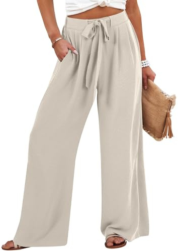 Caracilia Wide Leg Palazzo Pants for Women Summer High Waist Flowy Loose Casual Lounge Trousers Beach Travel Vacation Clothes Apricot Large