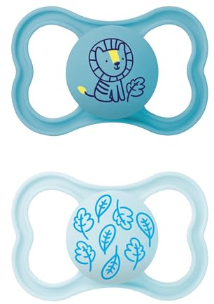 MAM Supreme - Ciuccio in set da 2 pezzi, per uno sviluppo sano dei denti e della mascella, previene le irritazioni della pelle, con scatola per ciuccio, 16+ mesi, leone/foglie