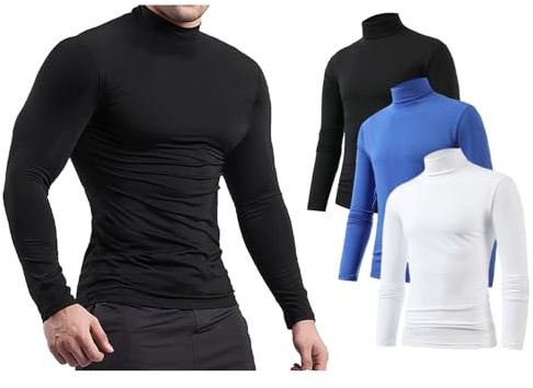 Jamron 3-pack långärmade kompressionsskjortor för män – sport löpning baslager toppar – termiska stoppade halsundertröjor, Svart + Blå + Vit, L