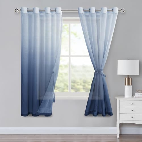 XWZO Ombre gardiner med öljetter färggradient gardin voile sheer gradient gardiner set om 2 för sovrum och vardagsrum öljettgardiner med gardinomtag H 175 x 140 cm jeansblå