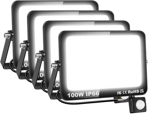 AUXTINGS 4 Pièces 100W Lampe de Sécurité Projecteur à LED Avec Détecteur de Mouvement PIR, 10000 Lumens 6000K Blanc Lumières Exterieur,LED Extérieur étanche pour Jardin,Garage,Véranda,Patio,Cortile