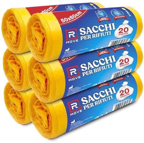R MOVE 120 sacchetti spazzatura 50x60cm, sacchi spazzatura 30 litri, 6 rotoli di sacchi spazzatura, 20 sacchi immondizia per rotolo, sacchi indifferenziata, sacchetti pattumiera (Giallo)