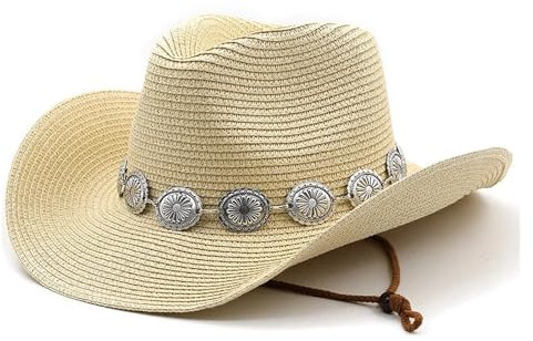 Fasksh Sommerhut für Herren und Damen, Stroh, hohl, Westernhut, Cowboyhut, elegant, für den Außenbereich, Jazz, Strand, beige, One size