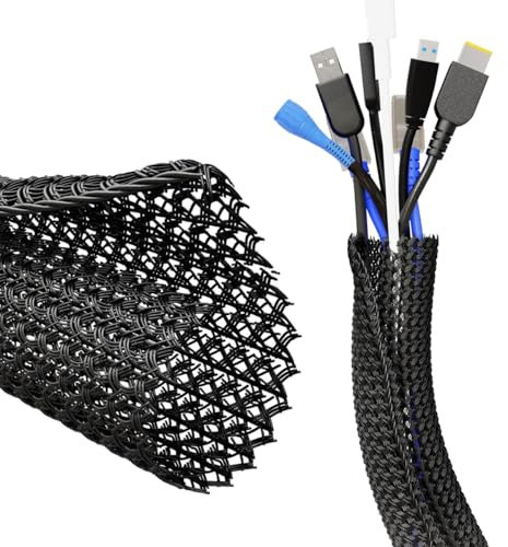 ERKO Cord Protector Self-closing Cable sleeve 10ft - 1/2 inch, Automotive, woven flexible sheath, for pets, cable management for office, TV, computer, tidy, Black