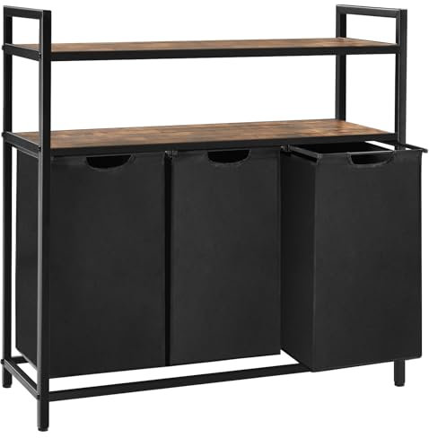 YOUDENOVA Wäschekorb 3 Fächer, Wäschesammler mit 2 Ablagen, 180-Liter Wäschebox, abnehmbarer Wäschesack, Wäschesortierer, 103x38x100cm (3 x 60L), Vintagebraun/Schwarz