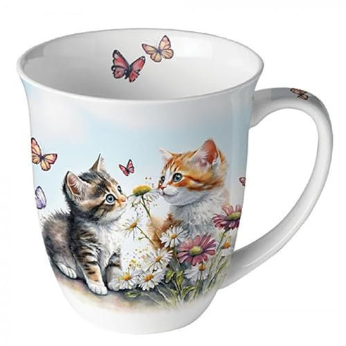 Ambiente Tasse à thé en porcelaine fine - 0,4 l - Motif chats dans prairie fleurie