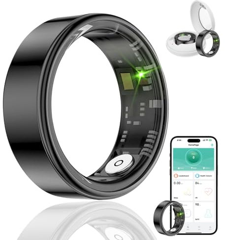 HPLSZCN Anillo inteligente para hombres y mujeres con caja de carga, modo multideporte, frecuencia cardíaca, SpO2, sueño, IP68 impermeable, seguimiento de actividad física, Android iOS, talla 8, negro
