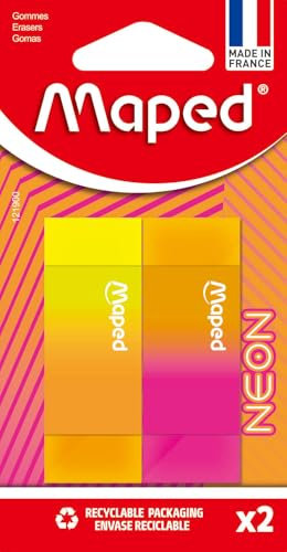 Maped - Gommes Neon Bi-Couleurs - Gomme Efficace, ne Laisse pas de Trace - Format Rectangle 22x12x61mm - 2 Gommes Néon
