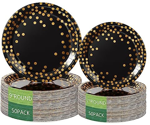 Platos de papel desechables redondos para todas las ocasiones, paquete de 100 unidades, platos llanos de 50 x 9 pulgadas y 50 x 7 pulgadas, lunares dorados y dorados, suministros de fiesta negros y