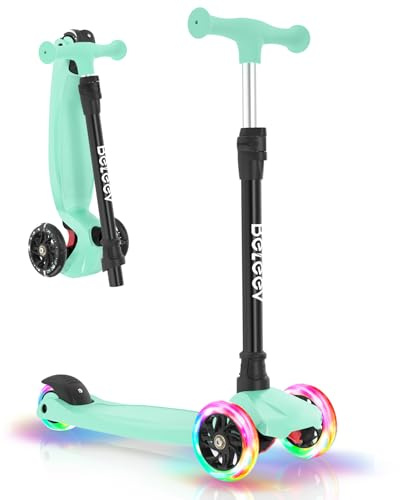 BELEEV Scooter for Kids Ages 3-12,3 Wheel Scooter for Toddler Girls Boys, Light-Up Wheels,5 Adjustable Height,Lean to Steer,Extra-Wide Deck, Three Wheel Kick Scooter for Children (Green)
