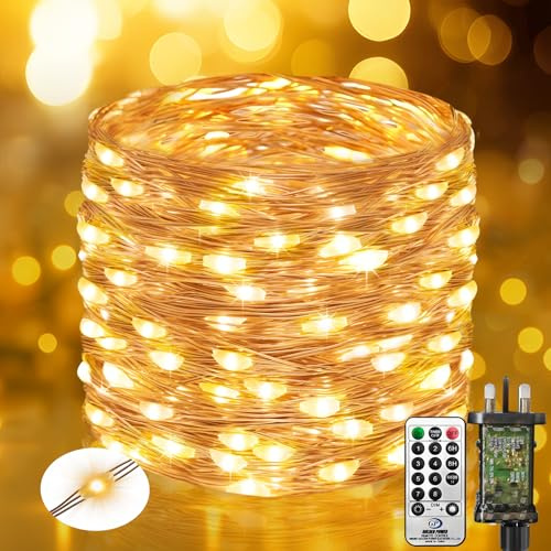 btfarm 10M 100LED Fairy Lights Plug in with Remote, Timer Copper Wire Lights Mains Powered, 8 Modes Christmas String Lights for Indoor/Outdoor, Tree, Bedroom, Wedding, Garden Decoration (Warm White)