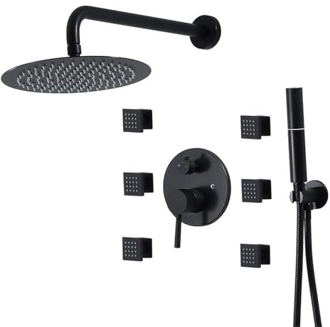 SnamicE Ganzkörper-Duschsystem Mattschwarz, 10-Zoll-Regenduschen-Wasserhahn-Set mit 6 Körpersprays und Handbrause, 3-Funktions-Regenmischer-Duschset,C,X-Large-White,X-Large-White