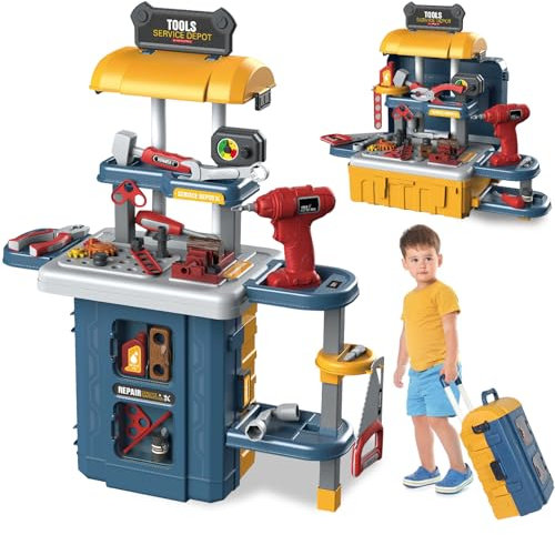 JONRRYIN Werkzeugkoffer Kinder Werkzeug, 46 Stück Werkbank Kinder Set, Werkzeug Spielzeug Set mit Bohrmaschine, Rollenspiel Lernspiel Geschenk für Jungen