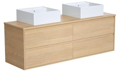 Vente-unique - Meuble de Salle de Bain Suspendu avec Double Vasque à Poser en céramique - Placage chêne - 150 cm - MILIPAM