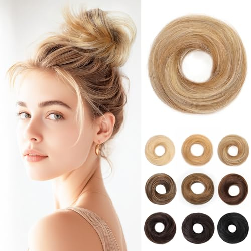 SEGOHAIR 17G Haarteile Echthaar Mit Gummiband Unordentlicher Dutt Donut Accessoire Gerades Haar Für Damen Goldbraun/Gebleichtes Blond Duttformer Echtes Remy Haar Hochsteckfrisuren Chignon