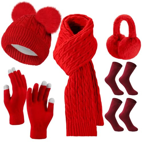 Geyoga 6 Pcs Winter Warm Fleece Knit Hat Long Scarf Touchscreen Gloves Ear Muffs Socks Sets, Winter Warm Gifts for Women(Red,Classic Knit)
