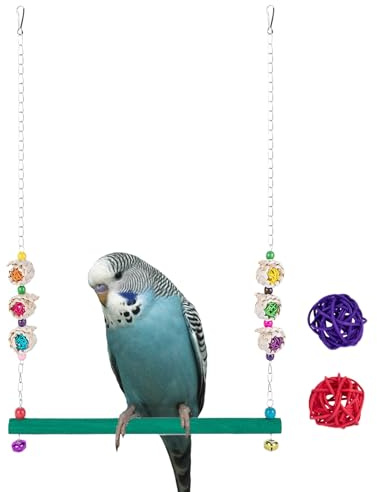 Poulet Swing Bell, 25,59x13,78 Pouces, Jouets Oiseaux 2 Boules de rotin pour Le Plaisir de perchoir en Bois, enrichie de Perche d'escalade pour la Parakeet de la paraket