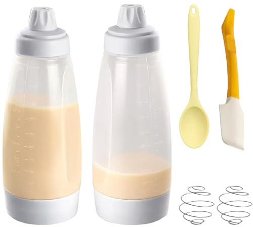 FrostyFlair Teigspender, 2 Stück Quetschflasche für Pancakes & Muffins, Teigportionierer mit Deckel und Skala, Teigspritze für Waffeln, Crepes, Cupcakes, inkl. Silikonspatel