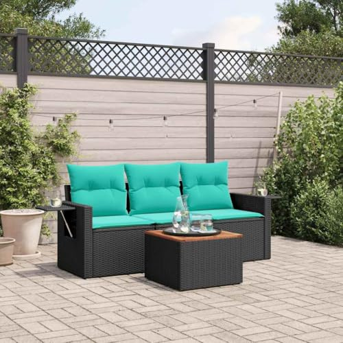 Teenpull 4-teiliges Gartensofa-Set, schwarzes Polyrattan, mit Kissen, klappbarem Beistelltisch, Akazienholz, UV-beständig, für Terrasse und Garten