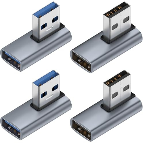 Leloco USB Winkelstecker 90 Grad, 4 Stück, USB-A Adapter, 10 Gbps | USB 3.2 Stecker auf Buchse; 2× links- und 2× rechtsgewinkelt, Aluminiumgehäuse, 5V/3A für PC, Laptop und Konsole