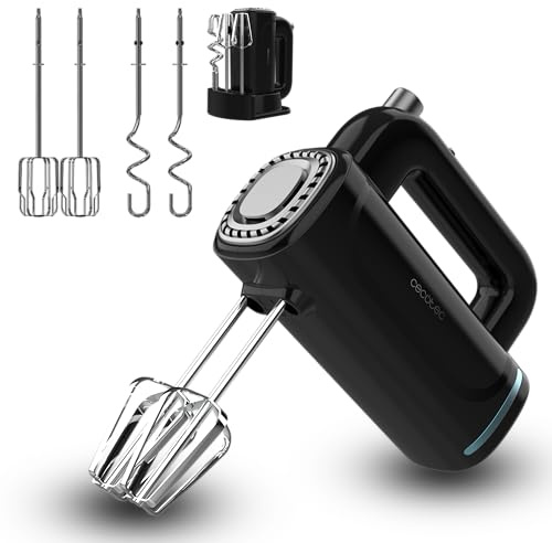 Cecotec Batidora de Varillas para Mezclar, Batir y Amasar PowerTwist 300 | 300W, 5 Velocidades, Varillas de Precisión para Montar, Ganchos Acero para Amasar, Botón Eyector QuickOut, Incluye Base