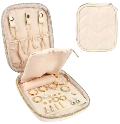 MOTIBACK Jewellery Travel Pouch, Portable Jewelry Case Beige | Compact Lightweight Jewellery Organiser Pouch With Compartments For Rings, Earrings And Necklaces (13x15.5x2.5cm)