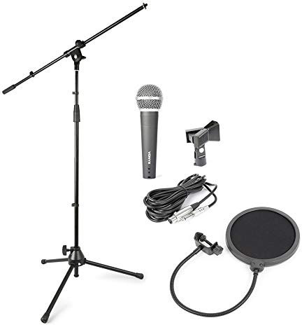 Skytec Vonyx Complete Band Singing & Recording Artist Microphone Set with Adjustable Tripod Stand, Dynamic Vocal Mic, 6-inch Pop Filter, Clip, Boom Arm & Carry Bag
