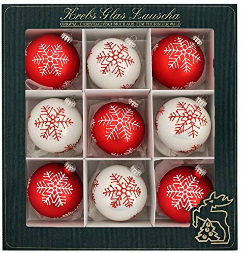 Krebs Glas Lauscha - Weihnachtsdekoration/Christbaumschmuck aus Glas - Weihnachtskugeln - Motiv: Schneeflocken Rot/Weiß - 9 Stück - Größe: ca. 8 cm