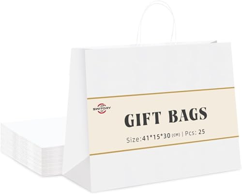 Switory 25 Stk Weiß Papiertüten mit Henkel - 41 x 15 x 30 cm Groß Geschenktüten Papiertragetaschen Kraftpapiertüte zum Einkaufen, DIY, Geschäfte, Geburtstag, Party
