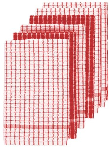 6 or 12 Pack Check Tea Towel Cotton Absorbent, Red, 6 Pack