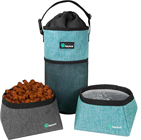 PetAmi Travel Dog Food Bag Pet Collapsible Dog Bowls Set, Dog Kibble Bag, Pet Food Water Bowls for Dogs Cats, Foldable Waterproof Dog Camping Bowls Cup Dish Accessories for Hiking, Sea Blue & Gray